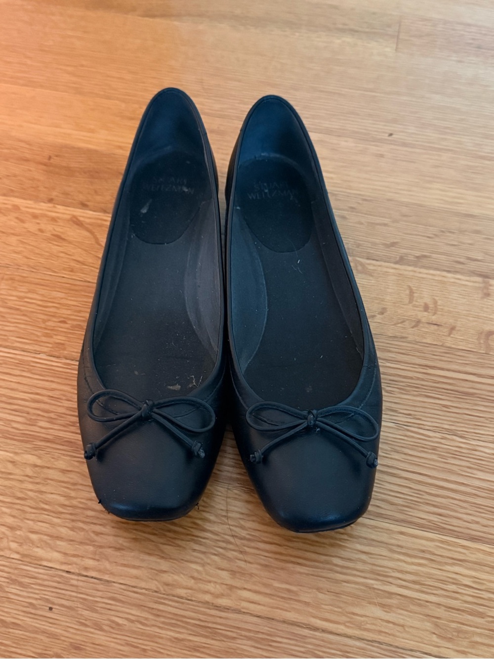 Stuart Weitzman Black Square-Toe Bow Ballet Flats